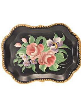 VINTAGE Tole Mini Tray Black Hand Painted Floral Metal 9.25" Long Shabby Chic Va
